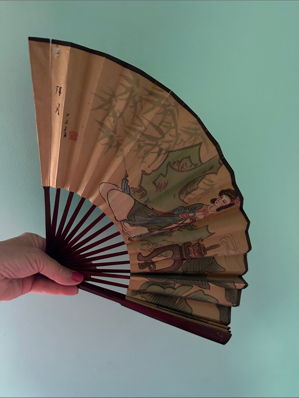 Oriental Decorative Hand Fan Wall Art in Gold and Brown